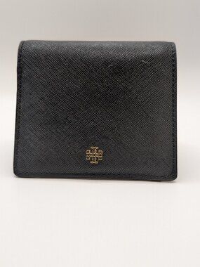 Tory Burch Emerson Mini Wallet Black Saffiano Leather Gold Hardware Bifold